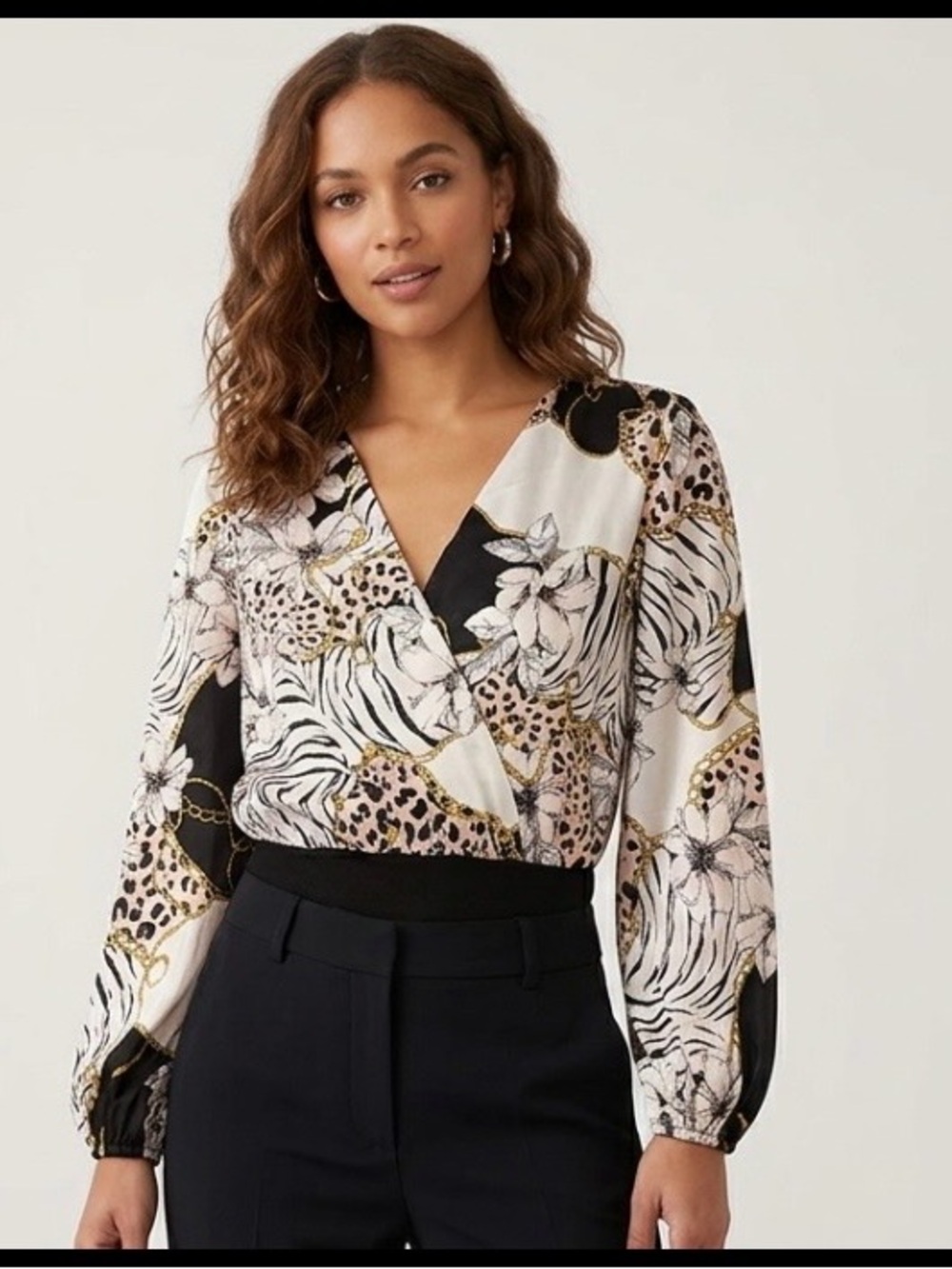 Haute Monde Black and Cream Mixed Floral Animal-Print Surplice Blouse